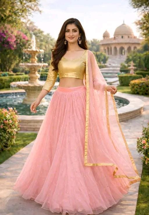Women's pink semi stitched lehenga choli with golden blouse