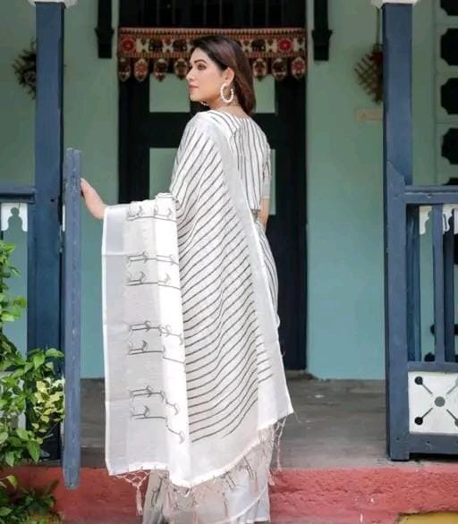 Women cotton linen saree white
