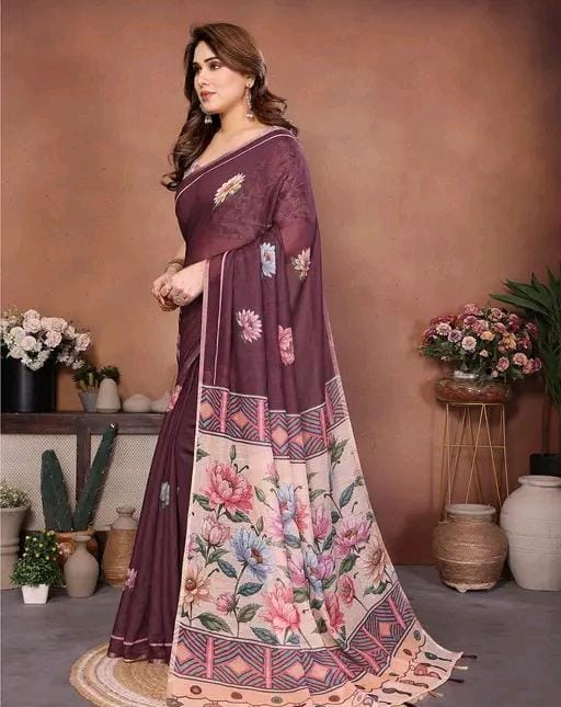 Soft cotton linen degital print saree with matching blouse