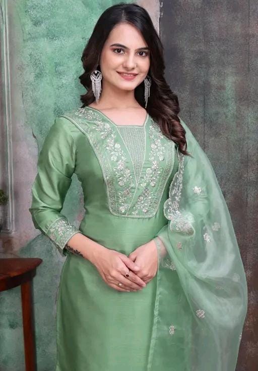 Rayon slub embroidered kurta set with dupatta