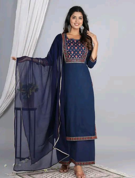 LVISH CRAFTS Women Rayon A-line Embroidred Long Kurti With Palazzos and Dupatta Set