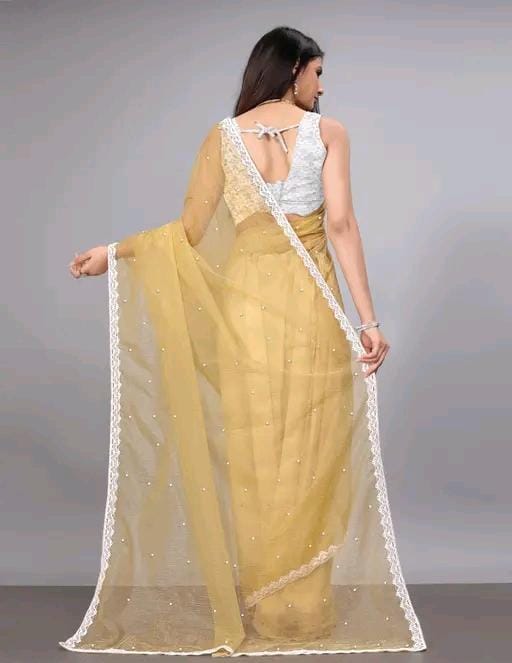 Women fancy supernet beads and stone saree with jackard blouse