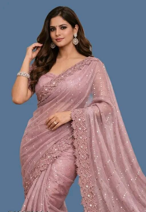 Women fancy shimmer saree with mirror work andvchemical lace