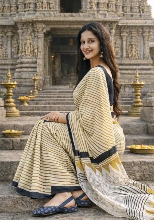 Hand block printed foft cotton mulmul printed saree witj blouse