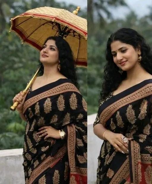 Hand block printed soft fancy cotton mulmul saree