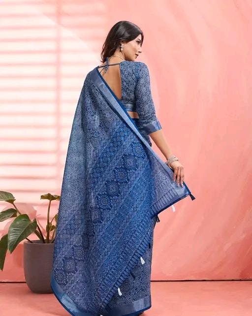 Women fancy blue linen printed saree