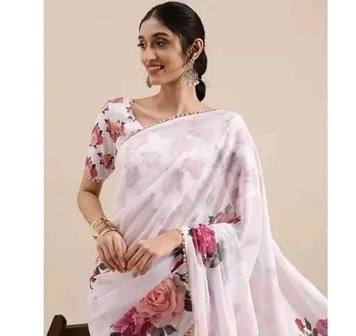 Print georgette saree with pearl lace border and matching blouse