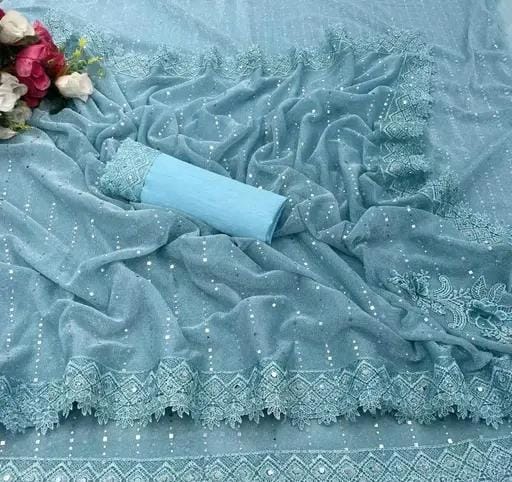 Women fancy shimmer saree with mirror work andvchemical lace