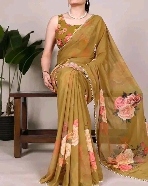 Print georgette saree with pearl lace border and matching blouse