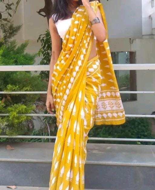 Hand block printed soft fancy cotton mulmul saree