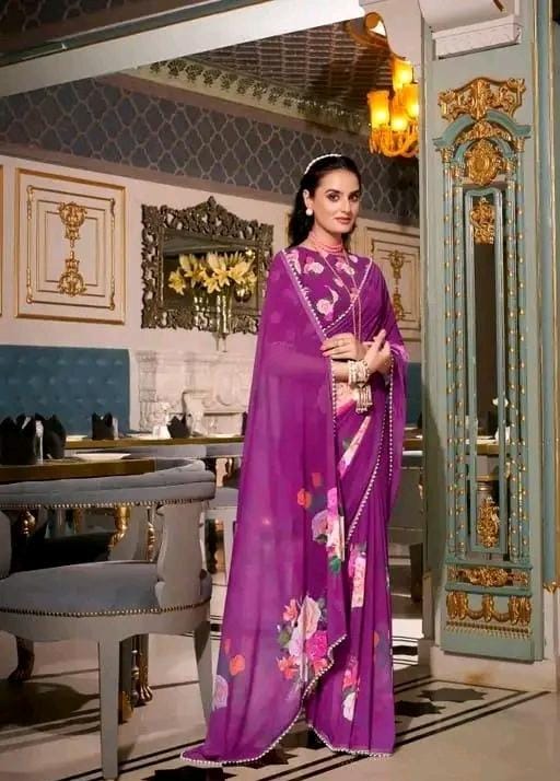 Print georgette saree with pearl lace border and matching blouse