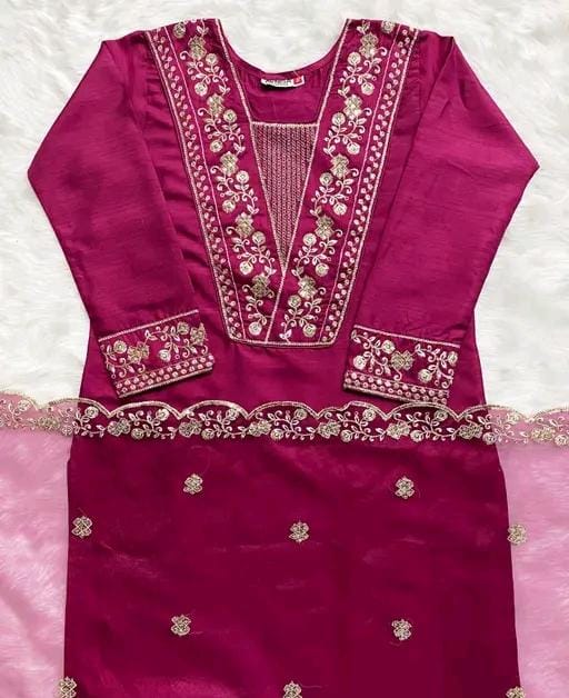 Rayon slub embroidered kurta set with dupatta