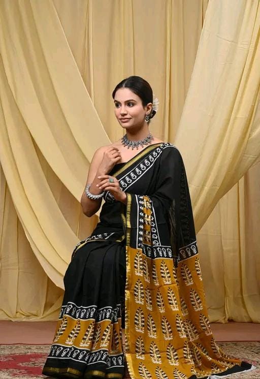 Jaipuri hand block printed soft cotton saree