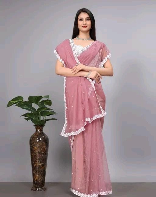 Women fancy supernet beads and stone saree with jackard blouse