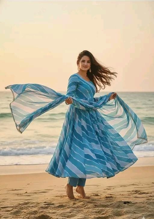 Sky blue & white leheriya print anarkali suit with dupatta