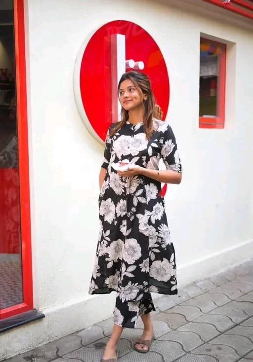 Black floral printed cotten co-crd  for women