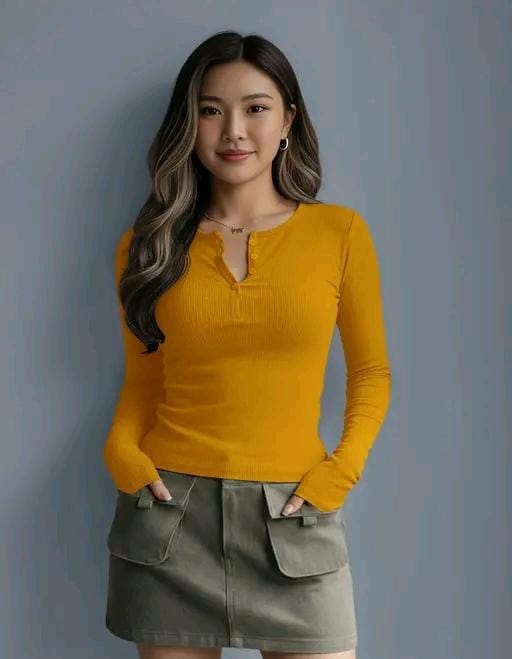 Casual polyester blend round neck with buttons long sleeves stylish top