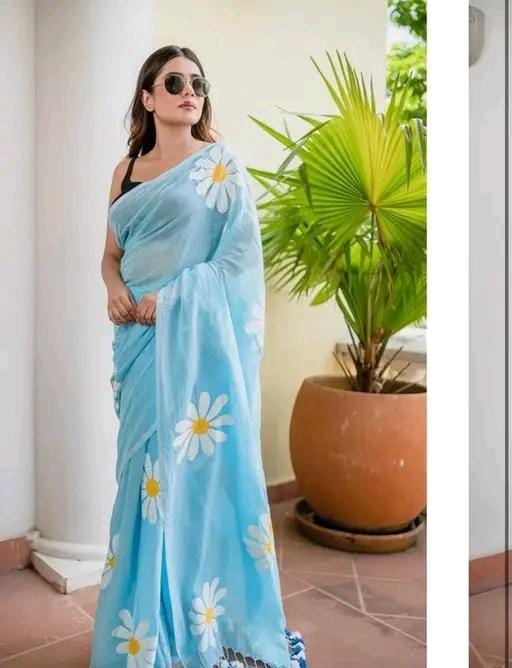 Floral linen printed saree for women
