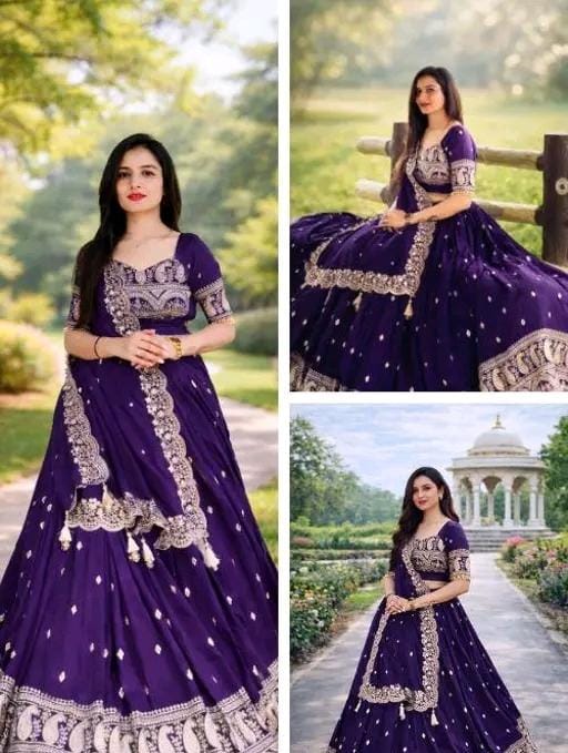 Purple women chinon silk with embroidered work lehenga choli set