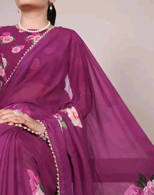 Print georgette saree with pearl lace border and matching blouse