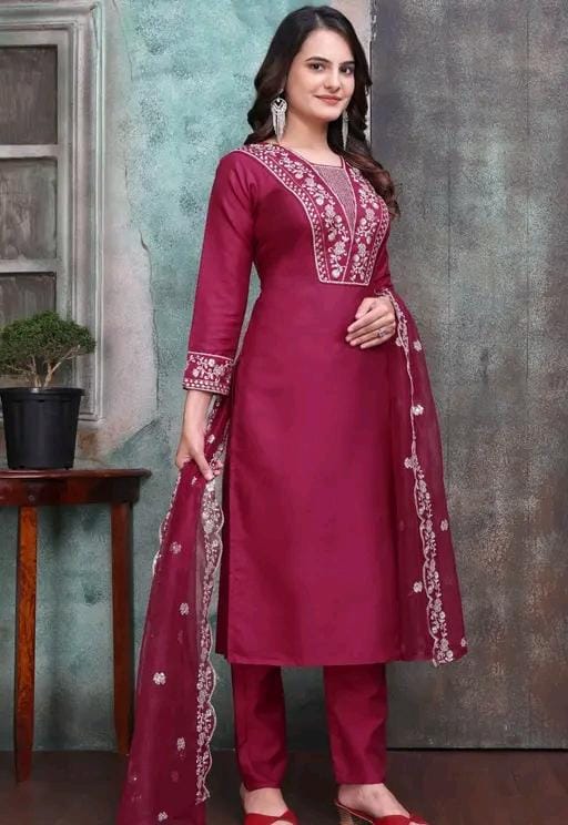 Rayon slub embroidered kurta set with dupatta