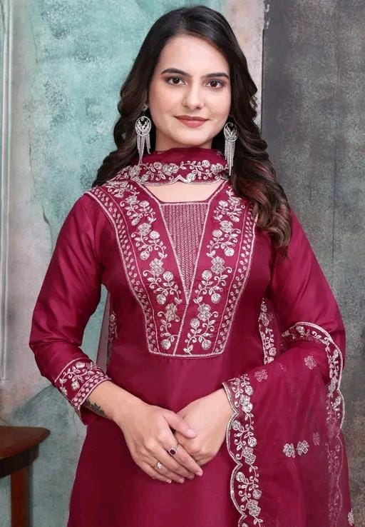 Rayon slub embroidered kurta set with dupatta