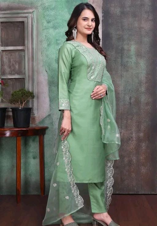 Rayon slub embroidered kurta set with dupatta