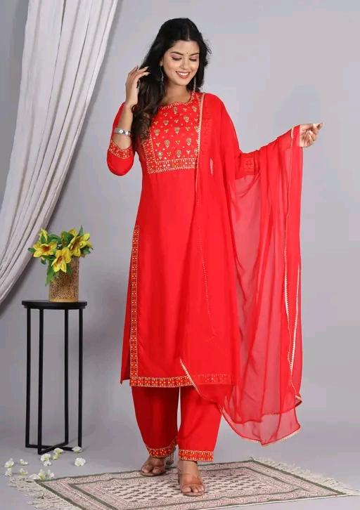 LVISH CRAFTS Women Rayon A-line Embroidred Long Kurti With Palazzos and Dupatta Set