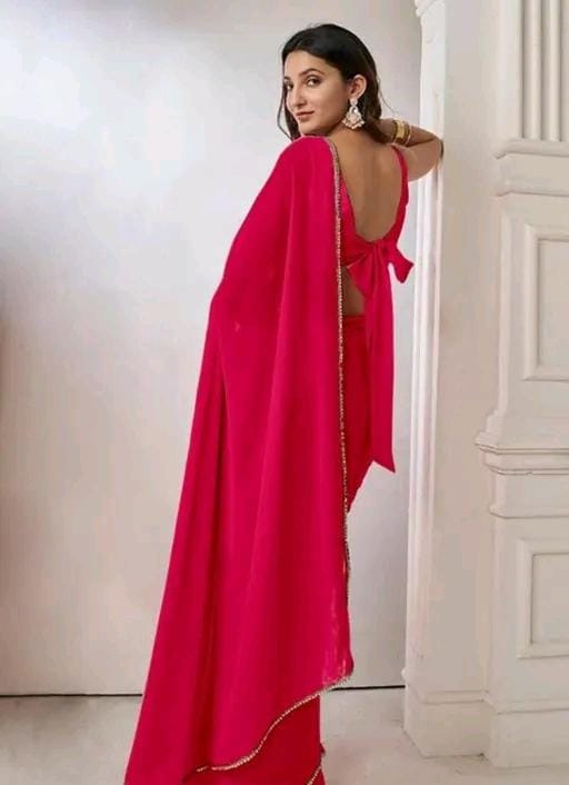 Women stylish pink colour plain pure fox georgette fabrics saree
