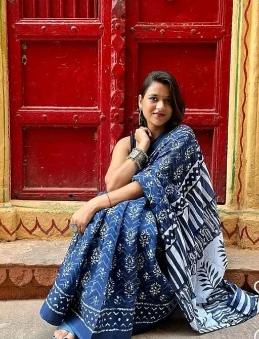 Hand block printed soft fancy cotton mulmul saree