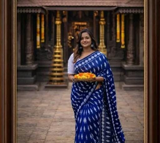 Hand block printed soft fancy cotton mulmul saree