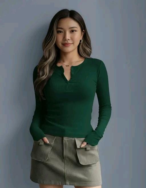 Casual polyester blend round neck with buttons long sleeves stylish top