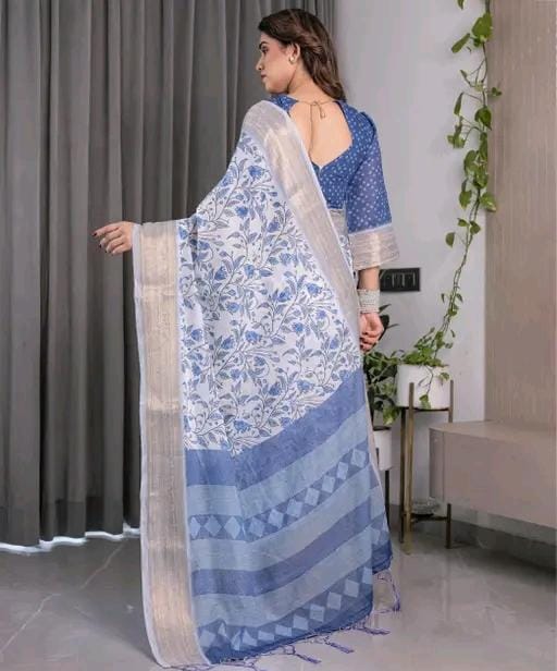 Designer hadloom linen saree with floral design and zari work