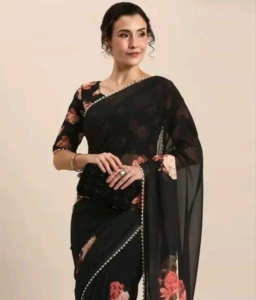 Print georgette saree with pearl lace border and matching blouse