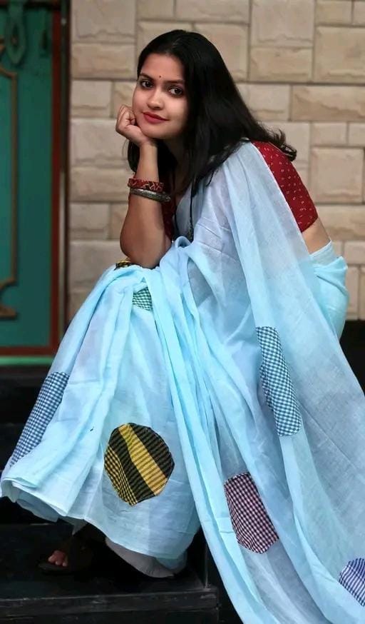 Women cotton fokira saree sky blue colour