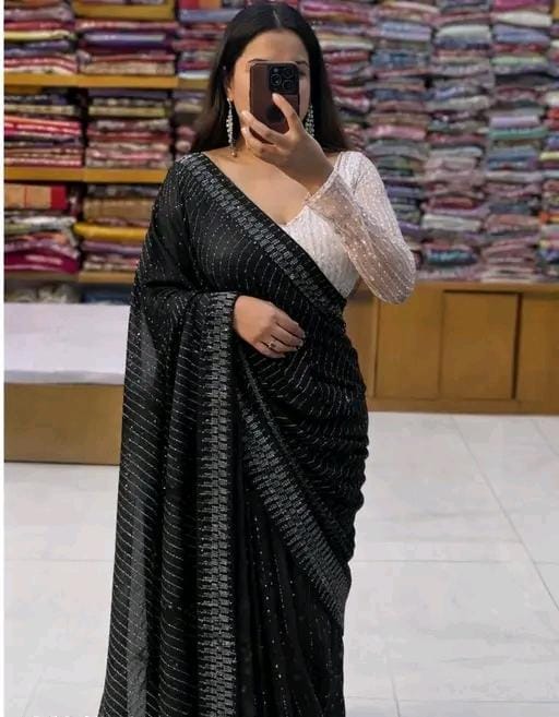 Georgette cutwork diamonds saree with blouse,saree ready tp bear