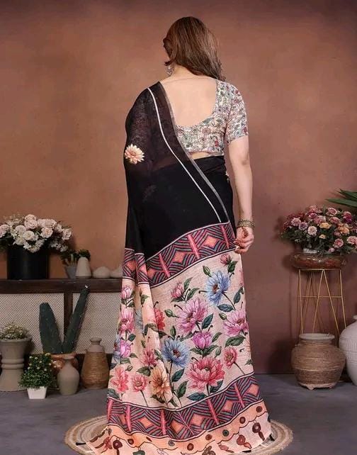 Soft cotton linen degital print saree with matching blouse