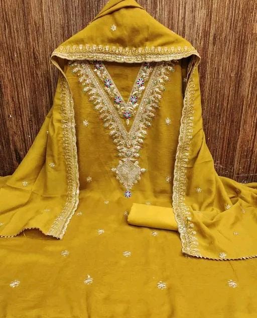 Women's yellow vichitra silk dress materian