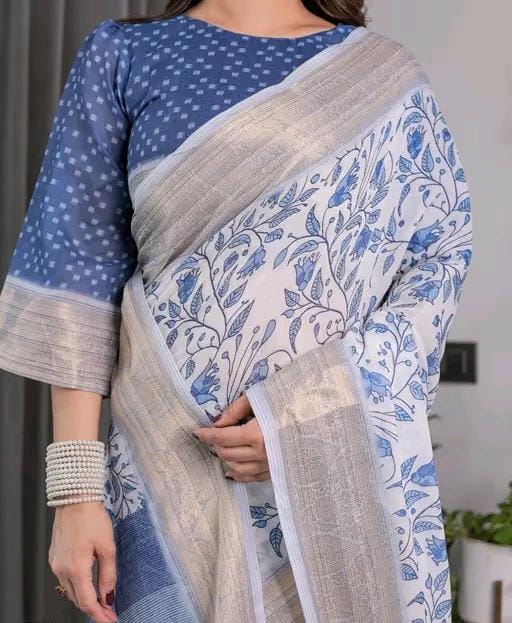 Designer hadloom linen saree with floral design and zari work