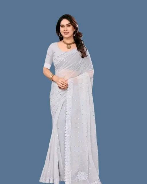 Women fancy shimmer saree with mirror work andvchemical lace