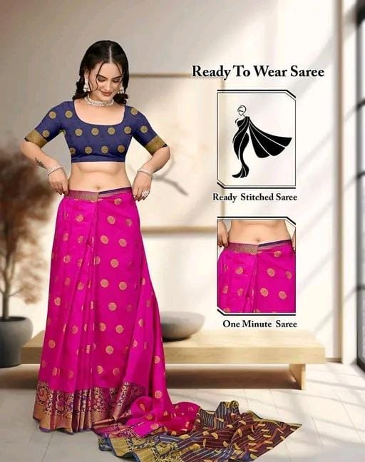 Festival wear pink banarasi silk sareewith golden polka dots