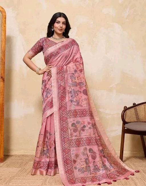 Fancy women print printed silk saree with blouse